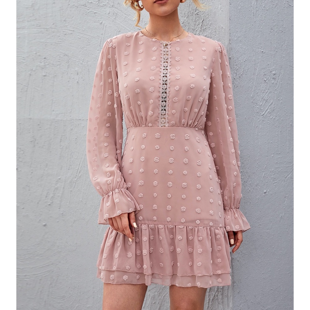 Dusty Pink Lace Insert Swiss Dot Layered Dress